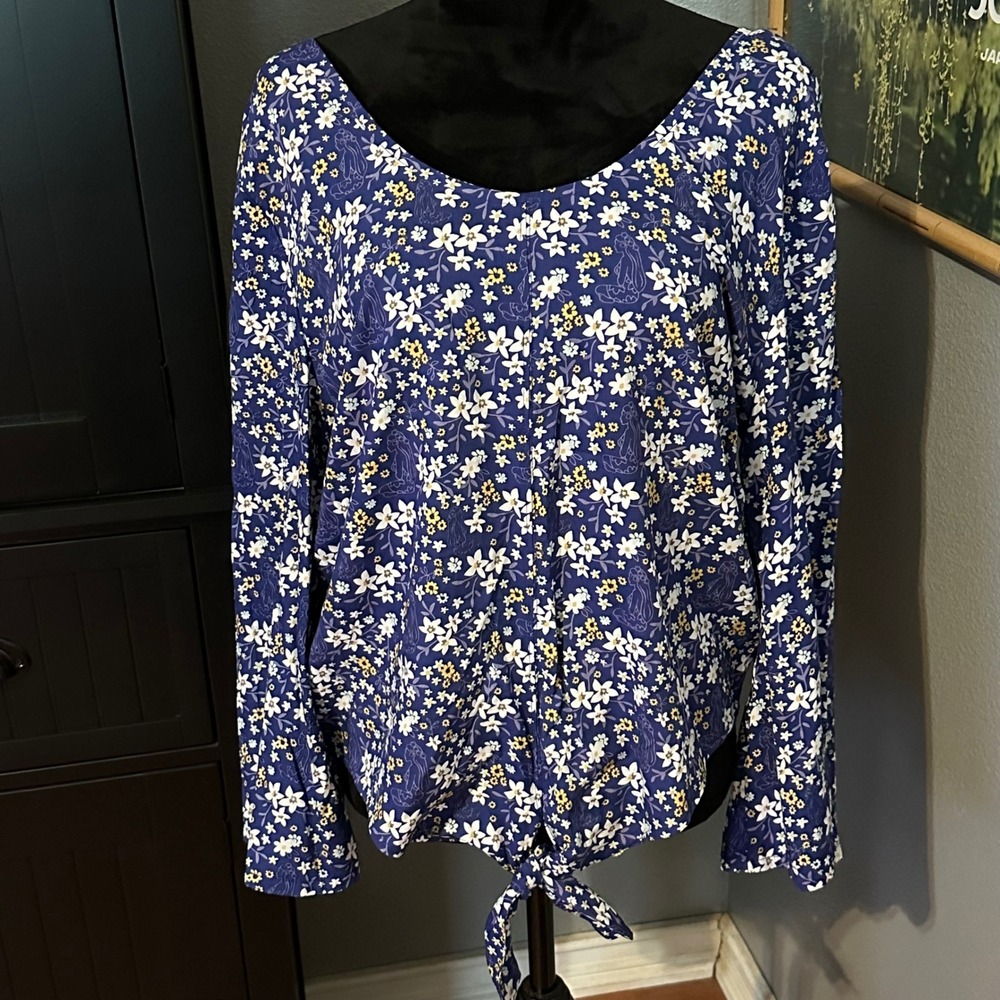Hinano Women's Blouse‎ Large Floral Tie Front Blue Rayon Boho Cottagecore Casual
